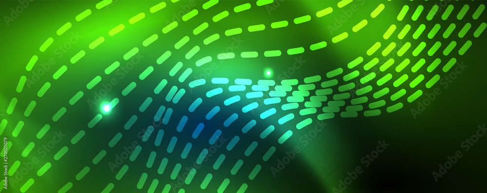 Fototapeta premium Smooth wave lines on blue neon color light background. Glowing abstract wave on dark, shiny motion, magic space light