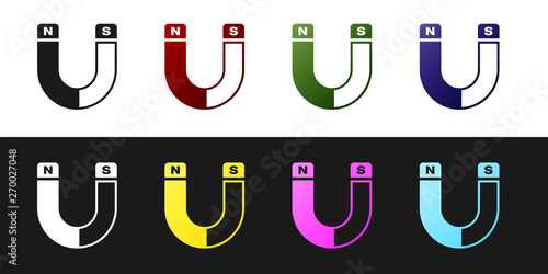 Set Magnet icon isolated on black and white background. Horseshoe magnet, magnetism, magnetize, attraction sign. Vector Illustration