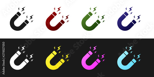 Set Magnet with lightning icon isolated on black and white background. Horseshoe magnet, magnetism, magnetize, attraction sign. Vector Illustration
