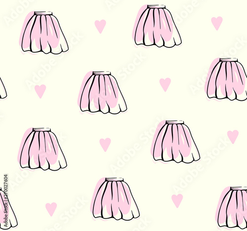 Cute hand drawn skirt pattern pastel background with hearts pink