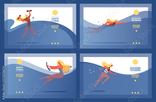 Collection of horizontal vector sport banners good for pool courses, classes and swimming studio. Cardio training women in blue waves