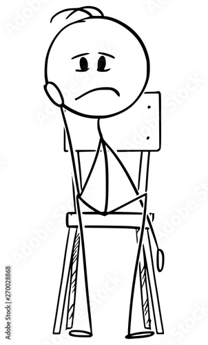 Vector cartoon stick figure drawing conceptual illustration of depressed, frustrated or sad man sitting on chair and thinking .