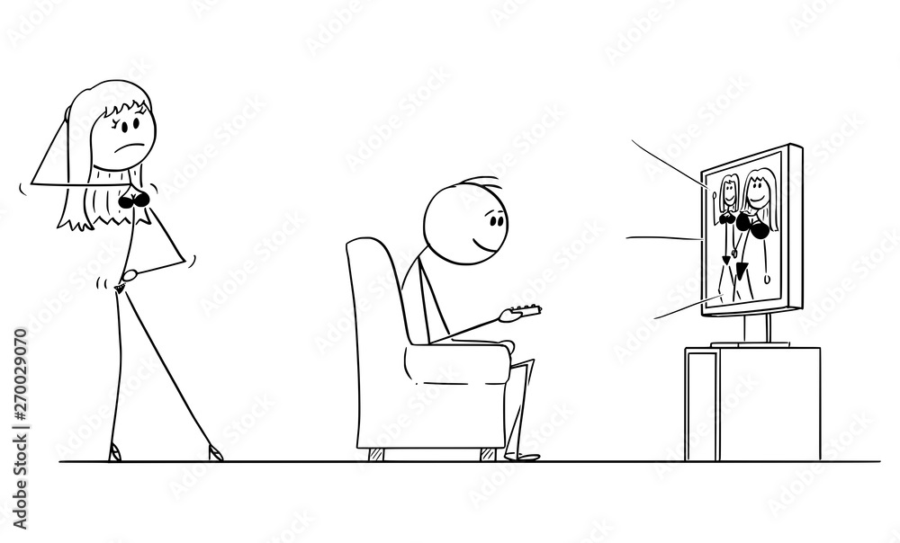 1000px x 604px - Vector cartoon stick figure drawing of man sitting in armchair and watching  porn or pornography on