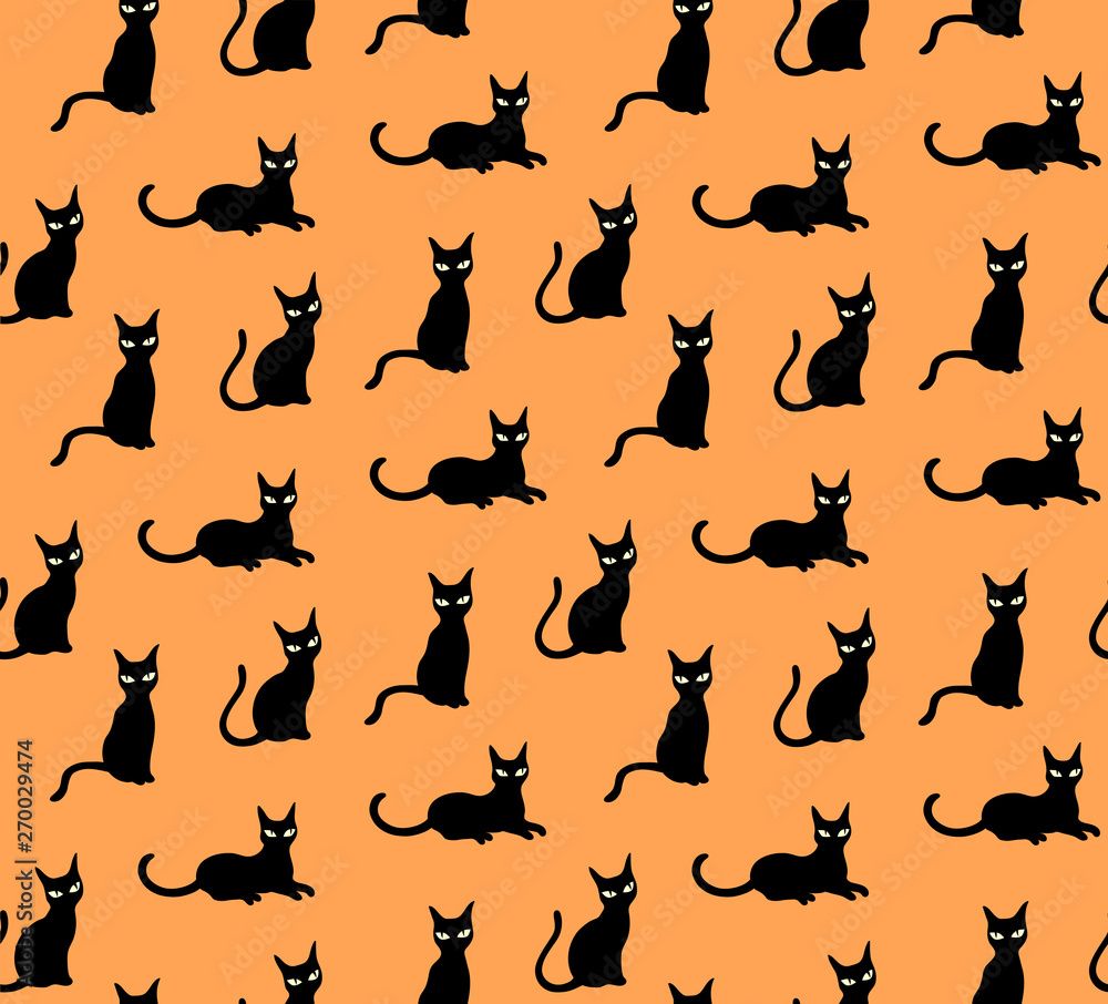 Black cats cute pattern vector on orange background