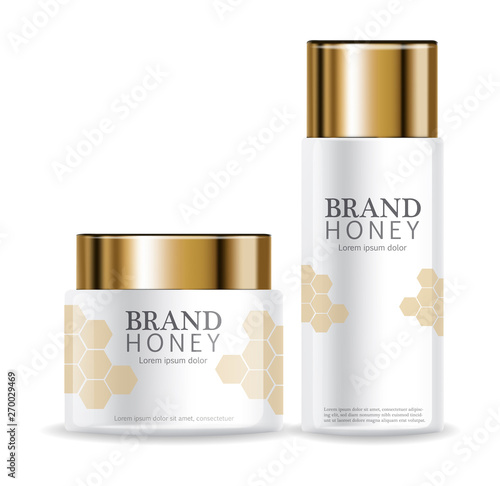 Honey infused cream Vector realistic mock up. White bottles cosmetics. Product placement label design. Detailed 3d illustrations