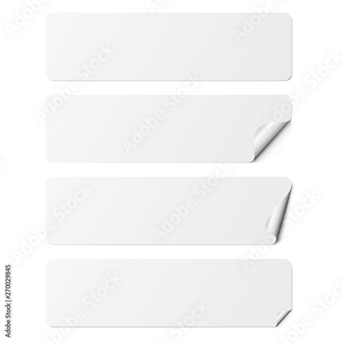 Set of white rectangle adhesive stickers with a folded edges, isolated on white background.