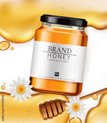 Honey Vector realistic mock up. Product placement label design. Detailed 3d i...