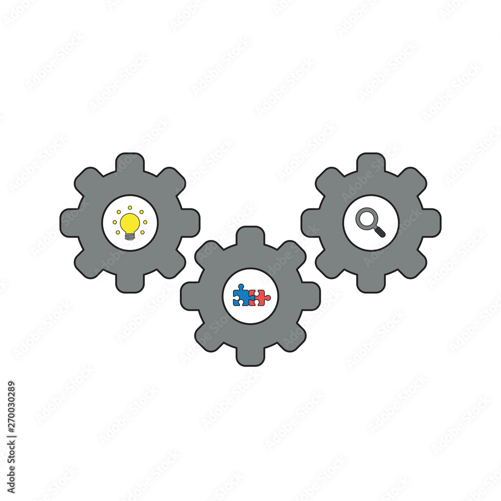 Vector icon concept of gears with light bulb, puzzle pieces and magnifying glass. Vector icon concept of gears with light bulb, puzzle pieces and magnifying glass.