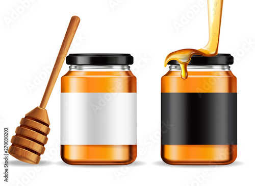 Honey Vector realistic mock up. Product placement label design. Detailed 3d i...