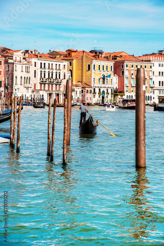 magical landscape with gondola on the Grand Canal in Venice, Italy. popular tourist attraction. Wonderful exciting places. (vacation, rest - concept)