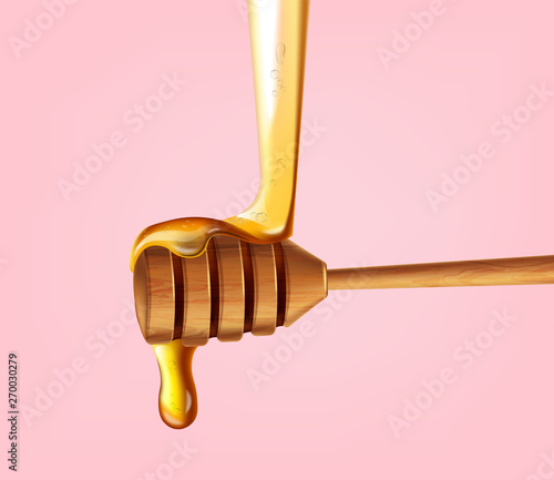Honey dip isolated Vector realistic. Pourring honey liquid. 3d illustrations
