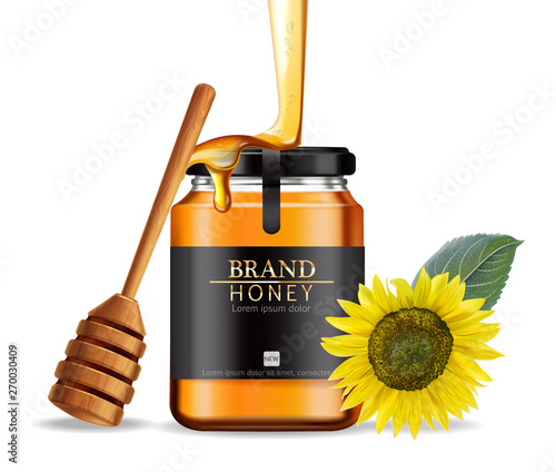 Honey sunflower Vector realistic mock up. Product placement label design. Det...