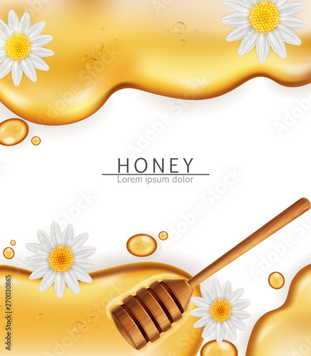 Honey dip background Vector realistic. Pouring honey liquid. 3d illustrations