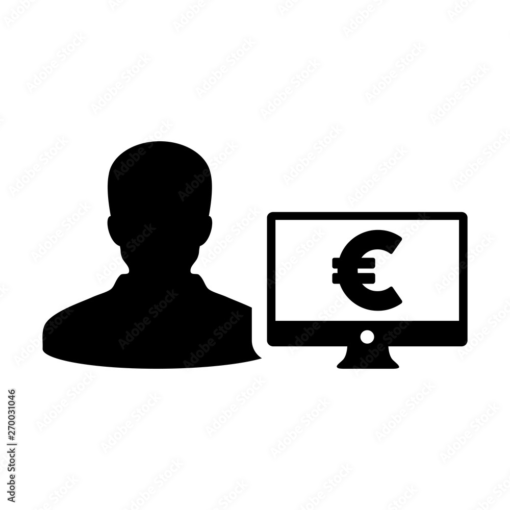 Funding icon vector male user person profile avatar with computer monitor and euro sign currency money symbol for banking and finance business in flat color glyph pictogram illustration Funding icon vector male user person profile avatar with computer monitor and euro sign currency money symbol for banking and finance business in flat color glyph pictogram illustration