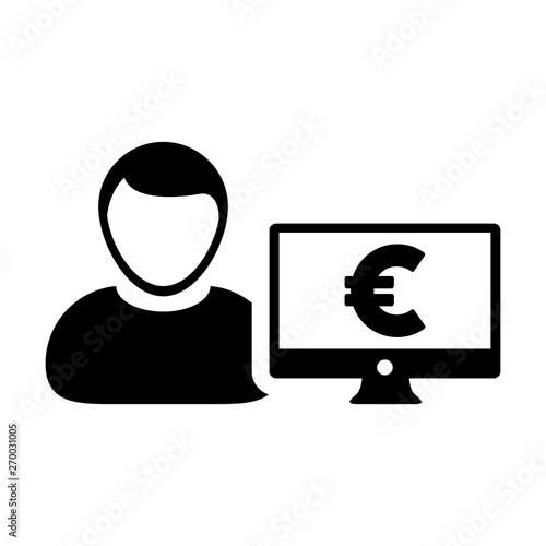 Cash icon vector male user person profile avatar with computer monitor and euro sign currency money symbol for banking and finance business in flat color glyph pictogram illustration