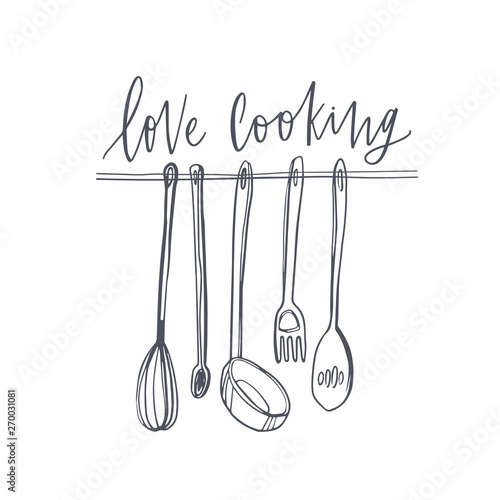Love Cooking text written with elegant font and kitchen utensils hanging on rail. Stylish lettering and tools for food preparation isolated on white background. Monochrome vector illustration.