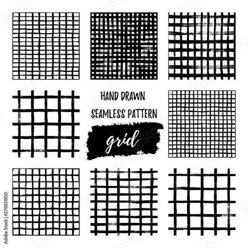 Set of Hand draw brush grid black and white seamless pattern. Abstract monochrome check background with crossing brush