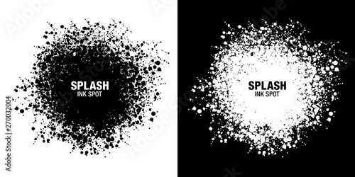 Splash inkblot frame set. Drops black texture isolated on white background. Grunge abstract blot of splash spots. Sphere of black random blots. Vector design elements