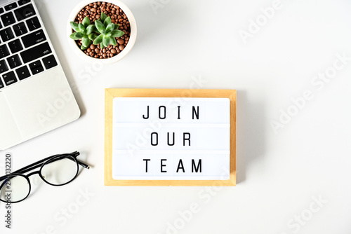 Quadro em tela join our team text on lightbox composition on white table background,Business Co