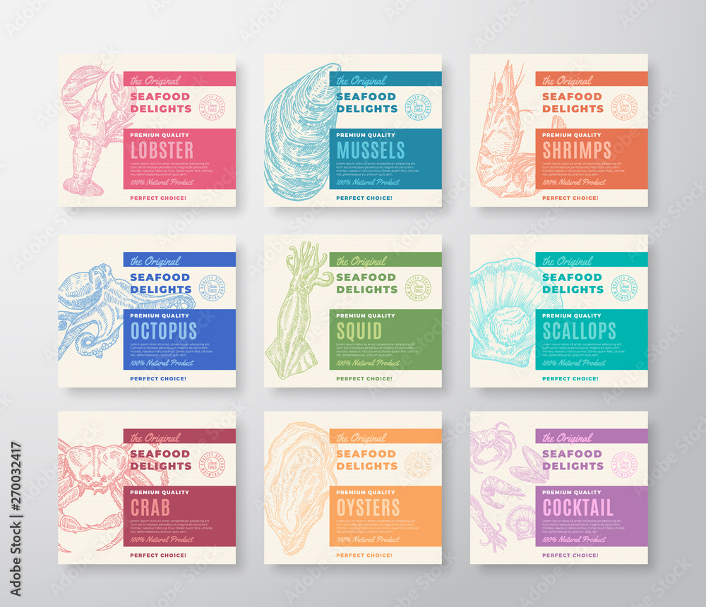 Fototapeta Premium Quality Seafood Labels Set. Abstract Vector Packaging Design. Modern Typography and Hand Drawn Crab, Shrimp, Molluscs and Squid Sketch Silhouettes Background Layouts with Soft Shadows.
