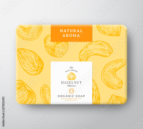 Hazelnut Soap Cardboard Box. Abstract Vector Wrapped Paper Container with Label Cover. Packaging Design. Modern Typography and Hand Drawn Nuts Background Pattern Layout.