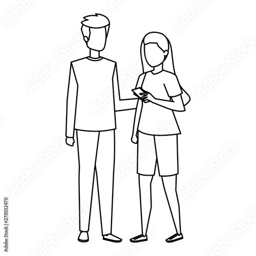 young couple using smartphone characters