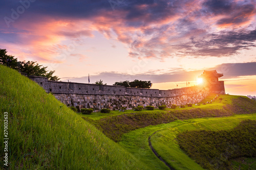 Hwaseong Fortress in Sunset, Traditional Architecture of Korea at Suwon, South Korea.