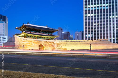 Namdaemun gate (Sungnyemun) cityscape at night, fortress of seoul, South Korea.