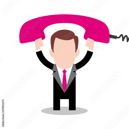 Vector businessmen cartoon character lifting classic telephone. Isolated white background.