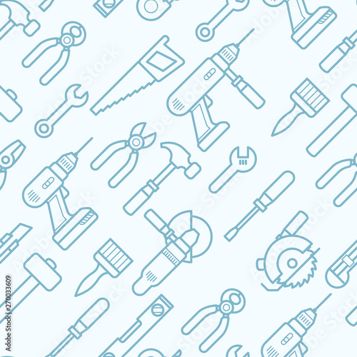 Work tools seamless pattern with thin line icons - pattern with puncher, drill, wrench, plane, saw, pliers,