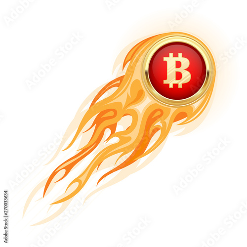 Bitcoin takeoff - flaming bitcoin flying up, cryptocurrency growth