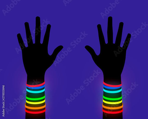 Hand silhouette with bright lightning bracelets; glowing rainbow color armlets; stylized lgbt symbol