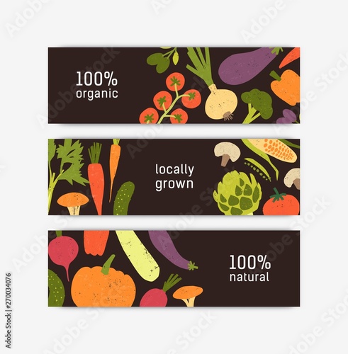 Set of horizontal banner templates with harvested crops or locally grown vege...