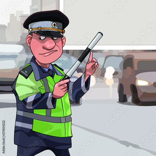 cartoon male traffic inspector points finger at a part of a blank billboard