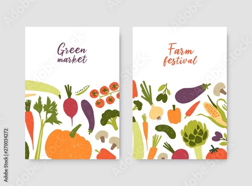 Bundle of poster or flyer templates with fresh organic locally grown vegetables and place for text on white background. Vector illustration for farm festival, green market, grocery shop advertisement.