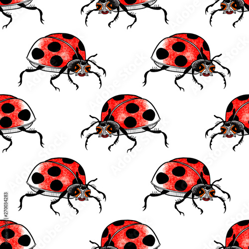 Funky ladybugs seamless pattern. Raster background.