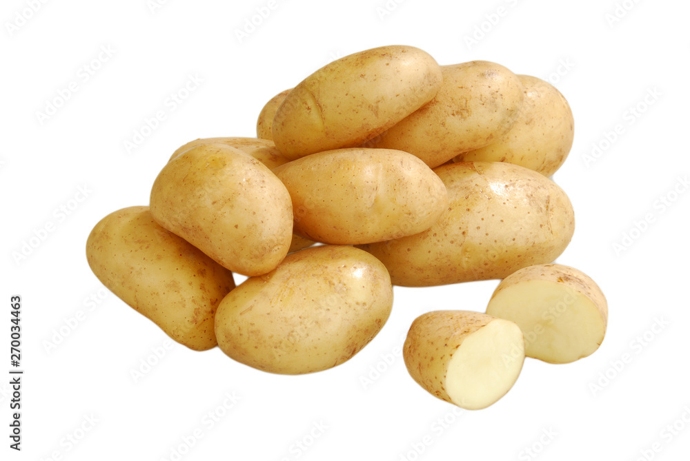 A lot of raw potatoes on a white isolated background A lot of raw potatoes on a white isolated background