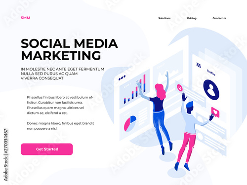 Smm social media digital marketing - flat design style colorful illustration template for landing page. Composition with male, female colleagues, business team.