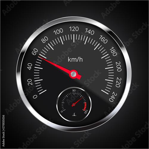Realistic illustration of speedometer with red pointer, white numbers and chrome circular frame. Tank and fuel level meter on black background, vector