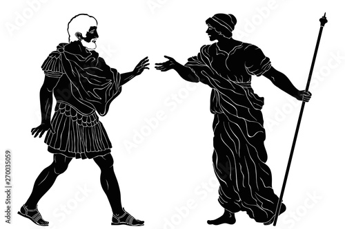 An ancient Greek man in armor and a woman in a tunic talking emotionally.