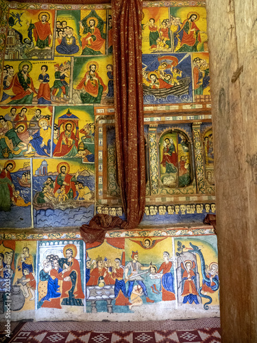 Religious frescoes on the walls of Debere Tsehay tekele on Lake Tana in Ethiopia
