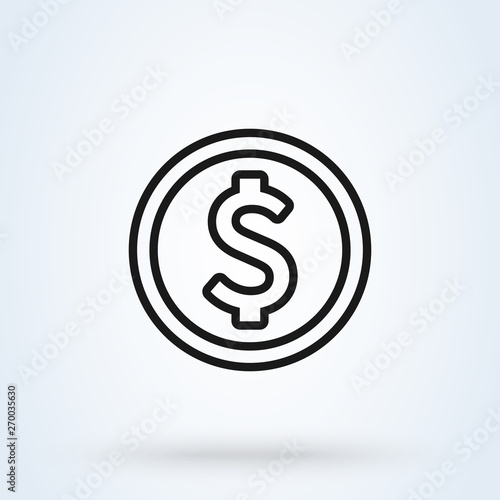 Coin dollar. Flat style. line art Vector illustration icon isolated on white background.