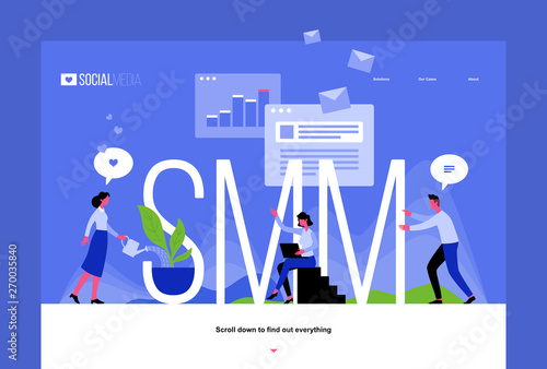 Smm social media digital marketing - flat design style colorful illustration template for landing page. Composition with male, female colleagues, business team.