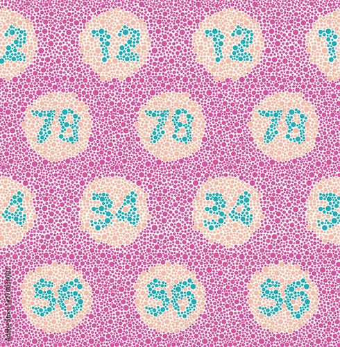 Daltonism color test inspired fun dotted seamless vector pattern with numbers created from dots. Surface pattern design for fabric, scrapbooking, wallpaper projects.
