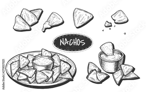 Mexican nachos sketch style set