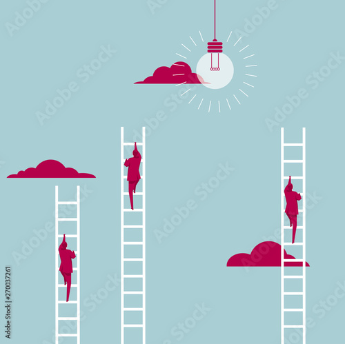 Businessman climbs the ladder. Isolated on blue background.