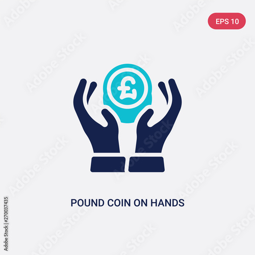 two color pound coin on hands vector icon from business concept. isolated blue pound coin on hands vector sign symbol can be use for web, mobile and logo. eps 10