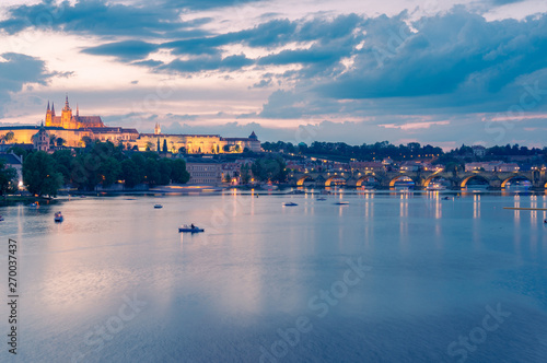 Vltava river with Charles bridge and Prague castle