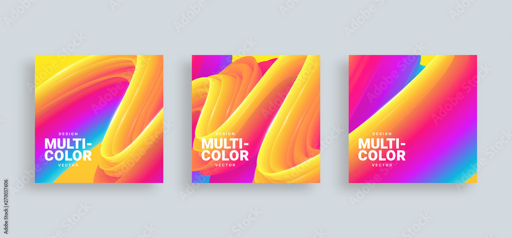 Abstract 3d vector covers set. Liquid texture, fluid gradient wave. Memphis background. Futuristic posters. Square templates for banners, brochures, flyers, posters for parties and festivals.2. Eps 10