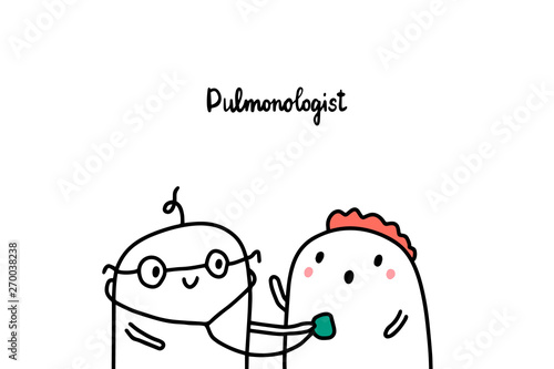 Pulmonologist hand drawn vector illustration in cartoon style. Doctor listening patient